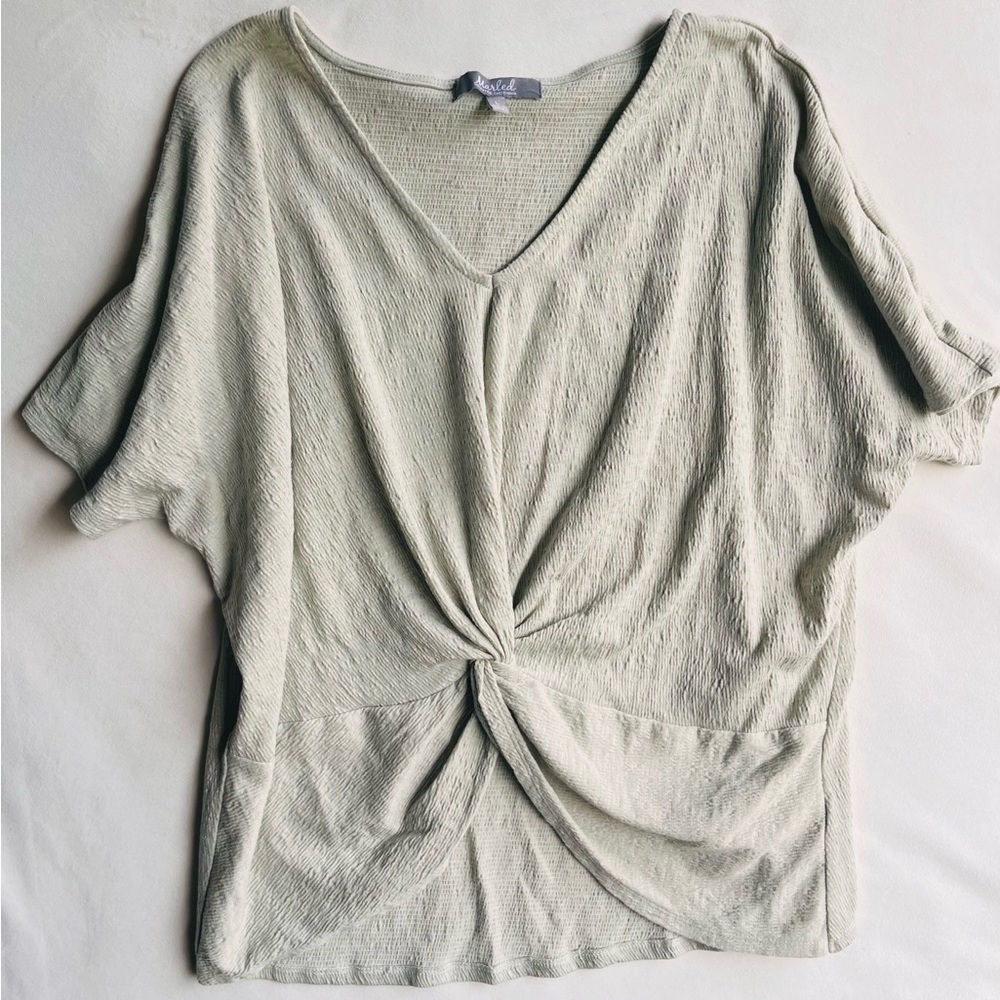 Marled Light Sage Twist-Front V-Neck Short Sleeve Top
